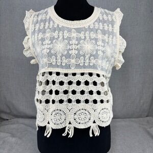 Saplot Ivory Boho Crochet Embroidered Sleeveless Tassel Top Cream Women's Small
